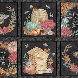 Harvest Blocks Panel Cotton Fabric, Late Summer Harvest, 3305-99 Blank, 24 inch Fall Autumn Thanksgiving Chalkboard Bee Pumpkin Floral Decor