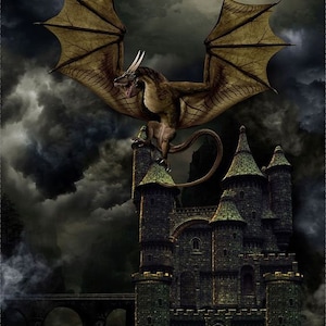 May include: A brown dragon with large wings perched on top of a stone castle. The dragon is facing the viewer with its mouth open. The castle is surrounded by clouds and a full moon is visible in the sky.