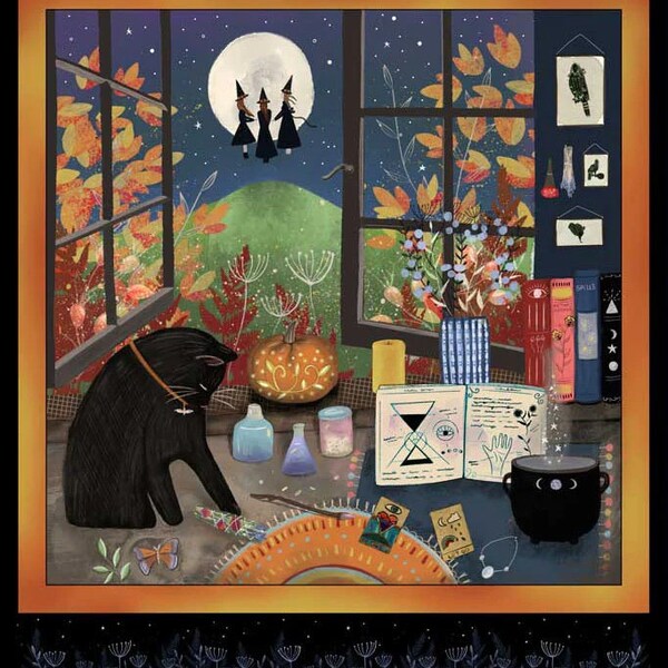 Black Cat Witches Spells Panel Halloween Cotton Fabric 5359PA PB Textiles Haunted house Spooky Gothic Decor Witchy Wall Hanging 36"