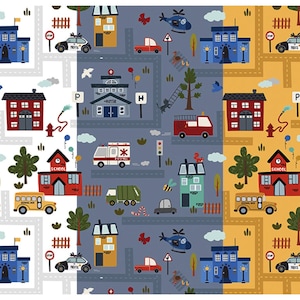 May include: A repeating pattern featuring a whimsical city scene with buildings, roads, and vehicles. The design includes a school, hospital, fire station, police cars, ambulances, and a school bus. The color palette includes blue, red, yellow, and green.