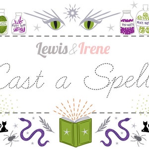 May include: A white background with a black and green illustration of a cauldron, a witch on a broomstick, a cat, a snake, a book, and a raven. The text "Lewis & Irene Cast a Spell" is in the centre of the image.
