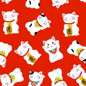 May include: A red background with a repeating pattern of white lucky cat figurines. The cats are in various poses with their right paw raised. Each cat has a gold coin on their chest with the Japanese character for "fortune" written on it.