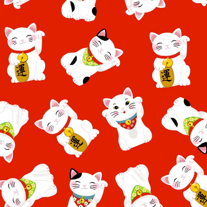 May include: A red background with a repeating pattern of white lucky cat figurines. The cats are in various poses with their right paw raised. Each cat has a gold coin on their chest with the Japanese character for "fortune" written on it.