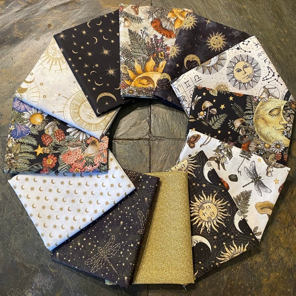 The Sun Moon & Stars 12 Piece Fat Quarter Bundle cotton fabric, In the Beginning Fabrics, Celestial Dark Floral, Dark academia FQ Bundle set
