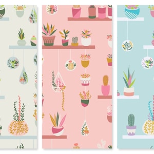 May include: Three different patterns featuring a variety of potted plants, including succulents, cacti, and ferns. The patterns are on a light green, pink, and blue background.