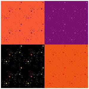 May include: A four-panel design featuring repeating patterns. The panels display orange, purple, black, and orange backgrounds. Each panel has a scattered pattern of small shapes, including cat faces, circles, and crosses, in various colors.