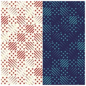 May include: A seamless pattern with a white background, red diagonal lines, and red polka dots. The pattern is repeated on the right side of the image, but with a dark blue background, teal diagonal lines, and teal polka dots.
