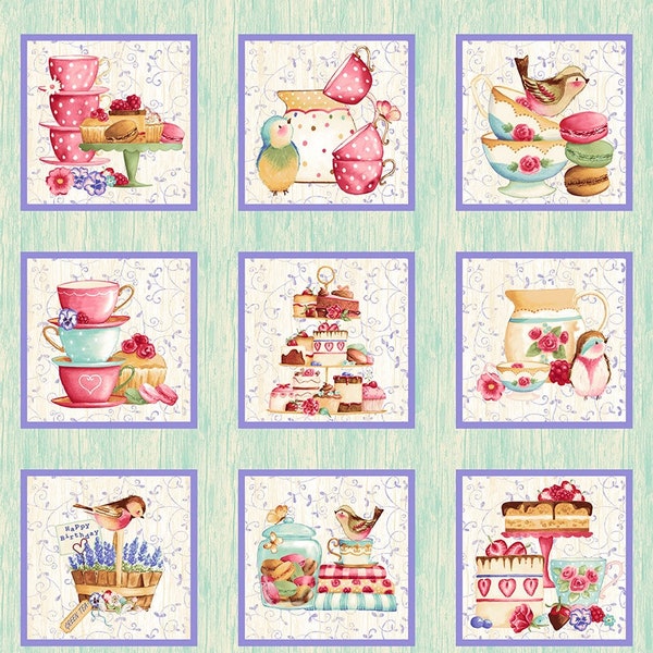 Tweets and Treats 24'' Block Panel Cotton Fabric 3008-76 Henry Glass English Teatime Birds Sweets Bakery Wall hanging Quilt 2/3 yd Panel