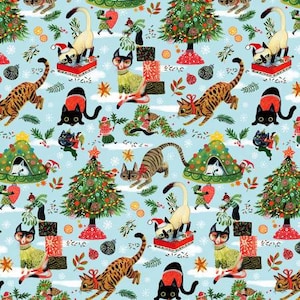 May include: A light blue wrapping paper pattern featuring various cats, Christmas trees, gift boxes, and small figures. The cats are depicted in different poses and colors, including Siamese, tabby, and black cats, some wearing festive holiday attire.