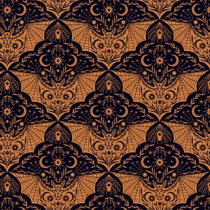 May include: A seamless pattern featuring bats, spiders, and crescent moons on a dark blue background. The pattern is in a traditional damask style with intricate details. The bats and spiders are outlined in orange, and the moons are filled in with orange.