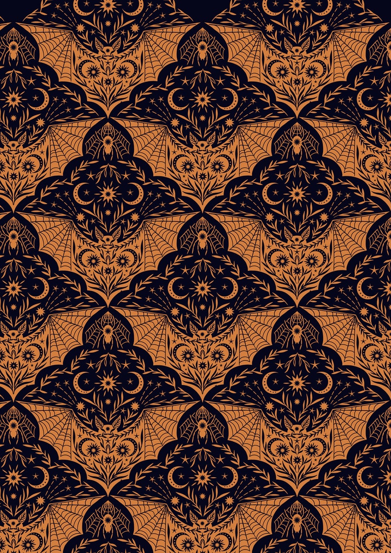 May include: A seamless pattern featuring bats, spiders, and crescent moons on a dark blue background. The pattern is in a traditional damask style with intricate details. The bats and spiders are outlined in orange, and the moons are filled in with orange.