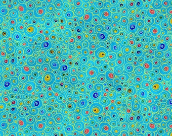 May include: A seamless pattern of colorful swirls and circles on a turquoise background. The swirls are outlined in yellow and the circles are filled with various colors, including red, yellow, blue, green, and pink.