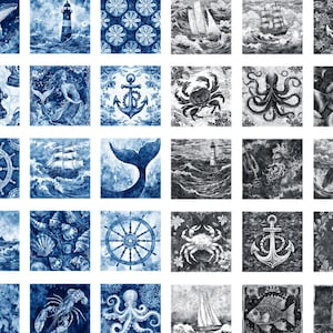 Nautical Motif Patches Panel Cotton Fabric, Ocean Blues 30855, Dan Morris QT Fabrics, 36&quot; Sea Nautical Steampunk Voyage Maritime Sailing