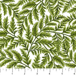 May include: A white fabric with a repeating pattern of green fern leaves.