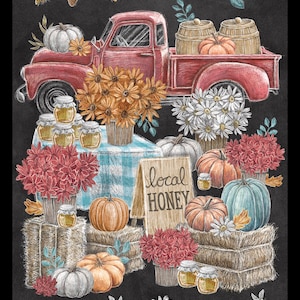 Harvest Red Truck Panel Cotton Fabric, Late Summer Harvest, 3305-99 Blank, 24 inch Fall Autumn Thanksgiving Chalkboard Pumpkin Floral Decor