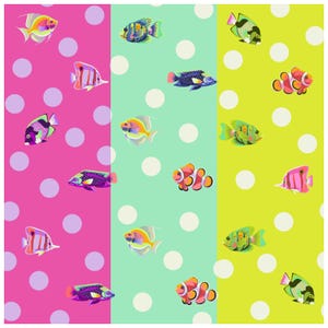 May include: A colorful pattern featuring various cartoon fish illustrations on a background of pink, mint green, and yellow. White polka dots are scattered throughout the design. The fish are in various colors and styles.