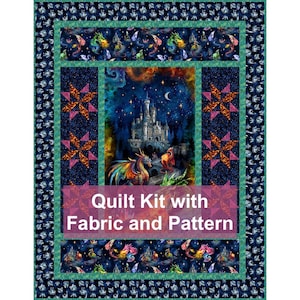 May include: A quilt kit with fabric and pattern. The quilt features a central panel with a fantasy castle scene, flanked by starburst patterns and dragon motifs. The border has a dark blue background with a repeating pattern of dragons.
