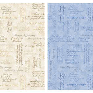 May include: A seamless pattern featuring a light beige background with gold text that reads "Butterfly Study", "Hydrangea", "Bigleaf Hydrangea", "Mophead Hydrangea", "The most beautiful and fragrant blooms", "Preservation for love that lasts forever", "Butterfly wings", "Butterfly stamps", "Early Spring", "The large graceful blooms are known to attract butterflies", and more.