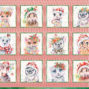 May include: A fabric panel featuring watercolor illustrations of various animals, each adorned with festive holiday decorations. The animals include a deer, bunny, llama, penguin, polar bear, fox, koala, owl, moose, snow leopard, and another bunny, all set against a red and white striped background.
