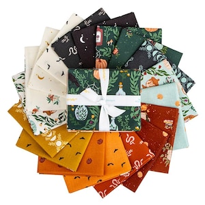 May include: A fabric fat quarter bundle arranged in a circular fan pattern, tied with a white ribbon. The fabric pieces feature various prints including pumpkins, snakes, moons, bats, and botanical elements in a palette of cream, orange, and green.