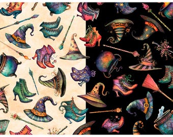 Witch Accessories Cotton Fabric, Witchypoo 31938, Morris Creative, QT fabrics Halloween, FQ Fat Quarter BTY By the Yard Precuts Witchy Hat