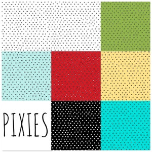 May include: A digital illustration of nine squares with different colored backgrounds. Each square is filled with a pattern of small black squares. The squares are arranged in a 3x3 grid. The word "PIXIES" is written in black at the bottom of the image.