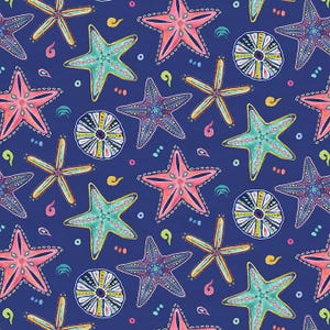 May include: A repeating pattern of colorful starfish, sea urchins, and other marine elements on a dark blue background. The starfish are in shades of pink, teal, and purple, with yellow and white accents. The sea urchins are circular with intricate designs.
