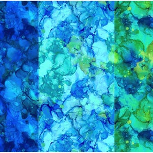 May include: Abstract art print with three vertical sections of blue, teal, and green watercolor-like patterns.