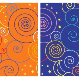 May include: Two abstract designs with swirling patterns in blue, orange, yellow, pink, and white on a blue and orange background. The designs feature stars and crescent moons.