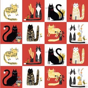May include: A digital illustration of a repeating pattern of black, white, and yellow cats with floral designs. The cats are arranged in a checkerboard pattern on a red and white background.