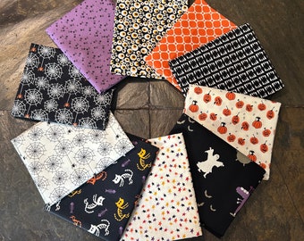 10 pc Beggar's Night Fat Quarter Bundle, Sandy Gervais, Riley Blake, Glow in the Dark, Witchy Cat Skeleton  Cute Halloween FQ Precuts set