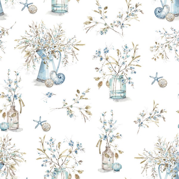 Main Mason Jar Cotton Fabric, Blue Escape Coastal, Riley Blake, BTY FQ Fat Quarter Eighth By Yard Precuts seashell Beach Ocean Summer Decor