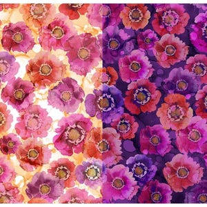 May include: A seamless pattern featuring watercolor pink, red, and purple flowers on a white background. The flowers are arranged in a random pattern and overlap each other. The background is a light yellow color.