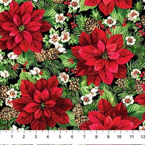 Tissu en coton Poinsettias, Cardinal rouge Noël Deborah Edwards Northcott 25480-99 Holiday Winter FQ Fat Quarter Eighth BTY par yard