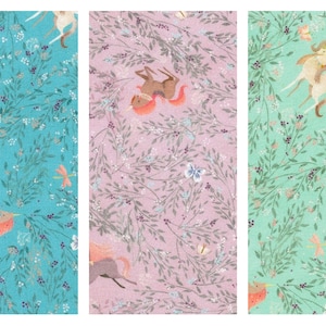 May include: Three different fabric patterns featuring a whimsical woodland scene with a light blue, pink, and green background. The patterns include small flowers, leaves, and birds.  Each pattern features a different animal, including a unicorn, a horse, and a bird.
