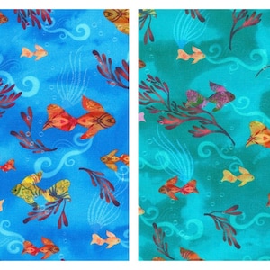 May include: Two fabric swatches with a repeating pattern of colorful fish and seaweed on a blue and turquoise background.