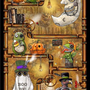 May include: A whimsical Halloween-themed illustration featuring steampunk elements. The artwork showcases various spooky characters like pumpkins, ghosts, and a moon with gears, all set against a backdrop of copper pipes and gears. The word "Halloween" is visible.