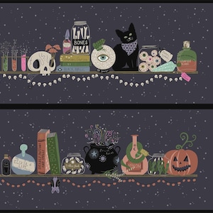 May include: Fabric panel featuring two shelves on a dark purple background with stars. Top shelf: test tubes, skull, books labeled BONES and BLACK MAGIC, crystal ball, black cat, jar of eyeballs, and VAMPIRE BLOOD bottle. Bottom shelf: potions, books, cauldron, and pumpkin.