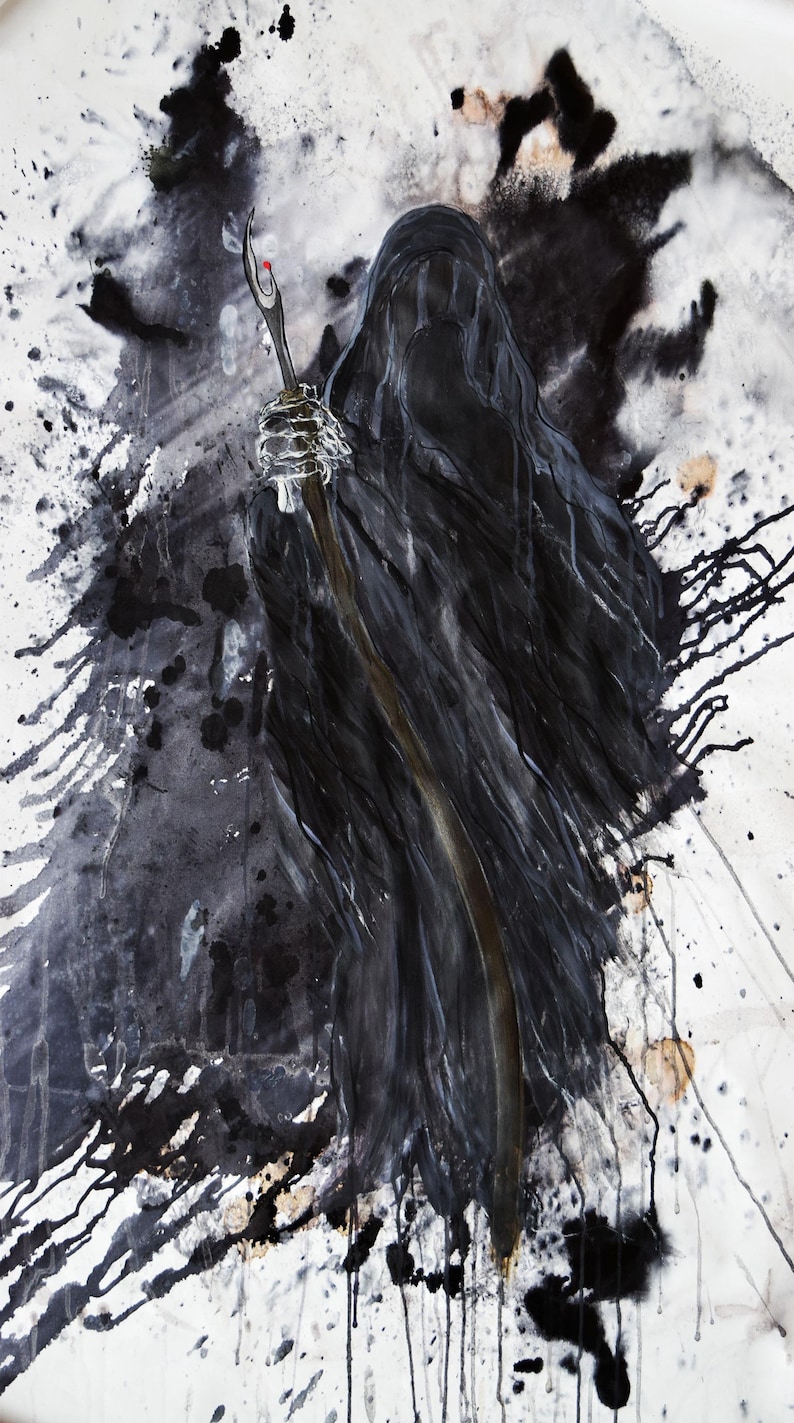 May include: An abstract painting featuring a figure in a black hooded cloak. The figure holds a staff with a red tip. The background is a mix of black and white splatters, creating a dramatic and mysterious atmosphere. The cloak appears to be made of a flowing, dark material.