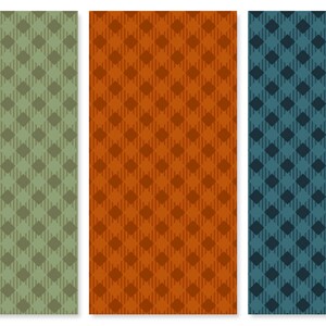 May include: Three seamless patterns with a geometric diamond design. The patterns are in shades of green, orange, and blue.