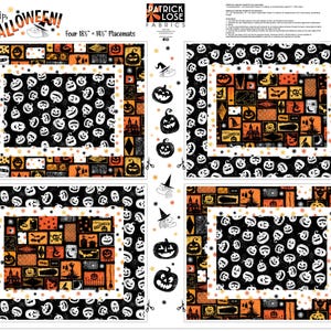 May include: Halloween-themed fabric panel featuring four placemats. Each placemat is 18.5 x 14 inches, with a black and white pumpkin pattern border and a central design of orange and black Halloween imagery. The words "Hip, Hip, Halloween!" are visible.