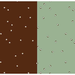 May include: A split-screen image featuring two solid color backgrounds. The left side is a dark brown, and the right side is a muted green. Both sides have a repeating pattern of small, white circles with a brown center.