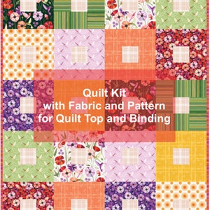 May include: A quilt kit with fabric and pattern for quilt top and binding. The kit features a variety of floral and geometric patterns in shades of red, orange, green, purple, and white.