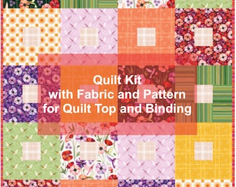 May include: A quilt kit with fabric and pattern for quilt top and binding. The kit features a variety of floral and geometric patterns in shades of red, orange, green, purple, and white.