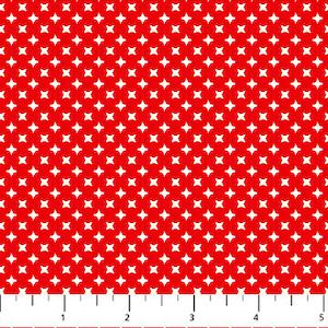 May include: Red fabric with a white star pattern. The stars are evenly spaced and create a repeating pattern.