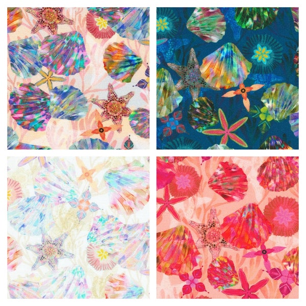 Shells Cotton Fabric, Oceanica AQSD-22407 Robert Kaufman BTY FQ Fat Quarter Eighth By The Yard Beach Ocean Marine Life Summer Precuts Tote