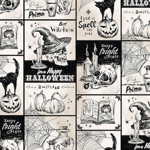 May include: Black and white Halloween-themed pattern with skulls, pumpkins, witch hats, candles, spiderwebs, and potion bottles. Text includes "Pick your Poison", "Best Witches", "I put a Spell on you", and "Happy fright night".