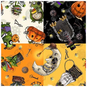 May include: A whimsical Halloween-themed pattern featuring cartoon monsters, pumpkins, keys, gears, and a crescent moon. The design incorporates a steampunk aesthetic with a color palette of orange, black, green, and cream.