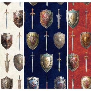 May include: A repeating pattern of medieval shields and swords in three color schemes: off-white, navy blue, and red. The shields feature heraldic designs, and the swords have detailed hilts and blades.