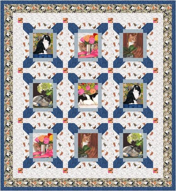 Cat Border Stripe Cotton Fabric, Whiskers Among Petals 3645-77